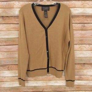Louben Tan/Black Sil/Spandex Front Button V-Neck Sweater L